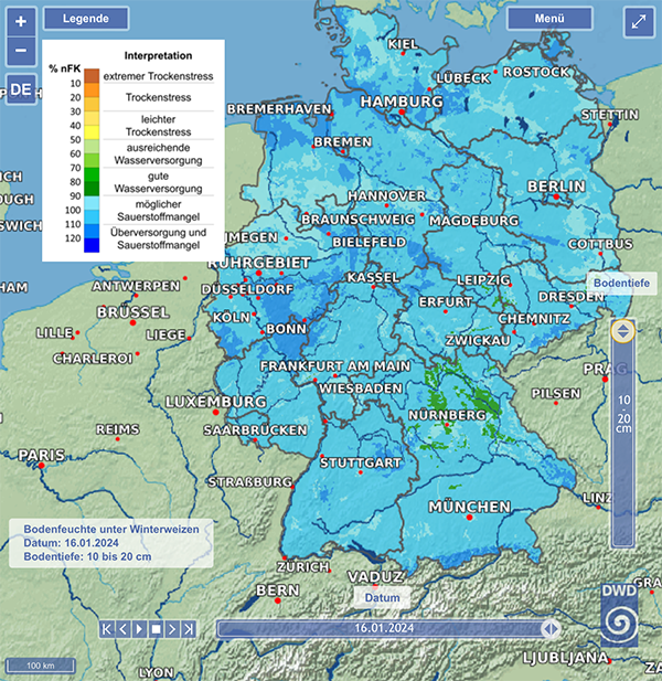 Übersicht Bodenfeuchte in Deutschland Stand 1.2024